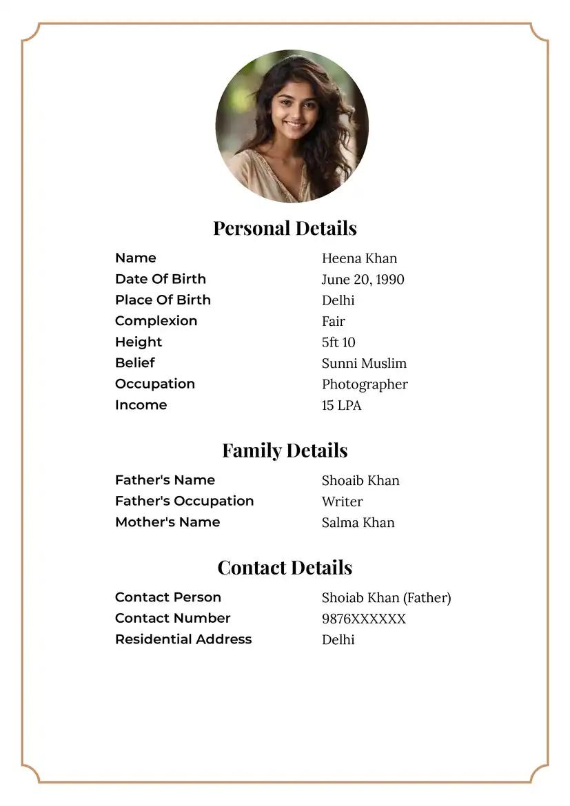 Modern Islamic marriage biodata format with gold boundary, ideal for Muslim boys and girls creating a biodata for marriage.