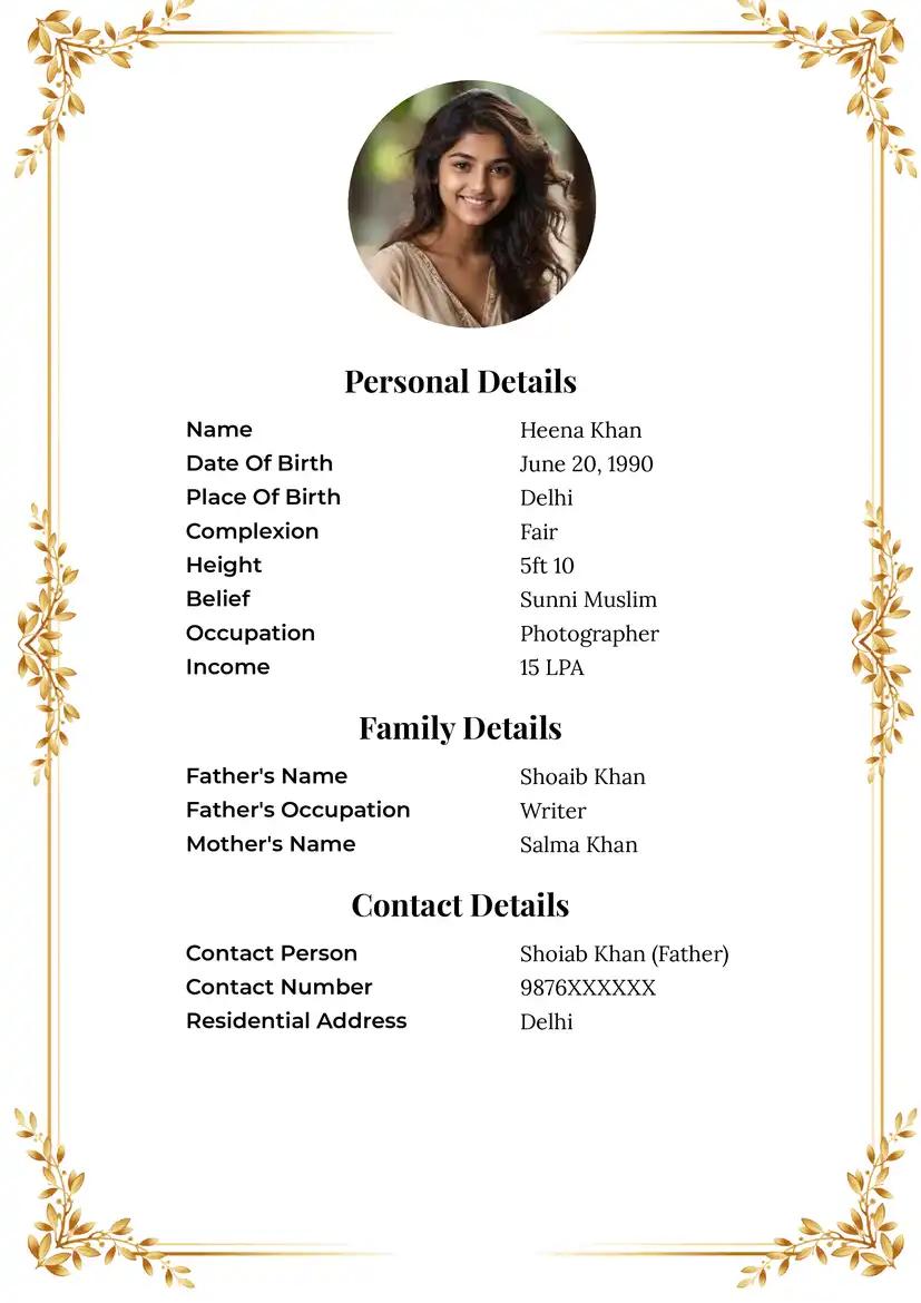 Muslim marriage biodata format with gold wheat border, a graceful bio data for marriage.