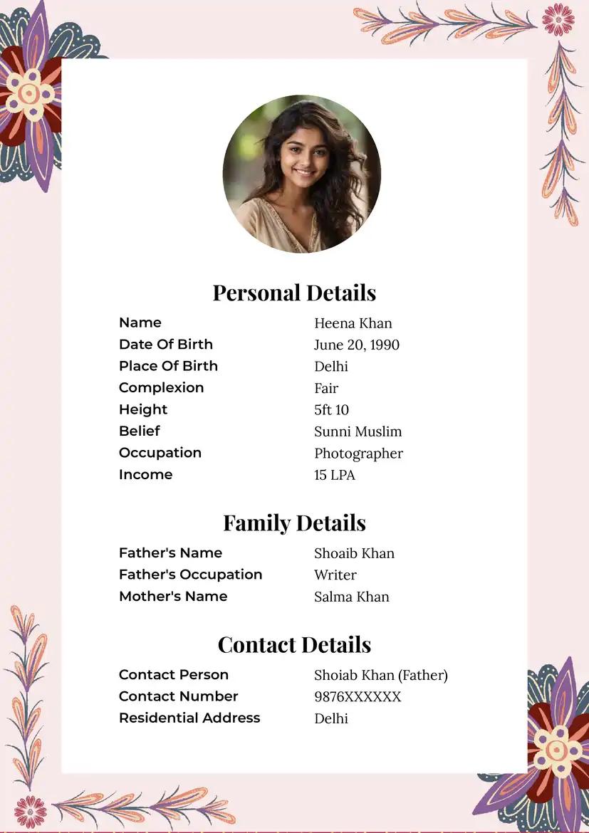 Muslim marriage biodata format in pink floral design, perfect bio data for marriage with cultural details.