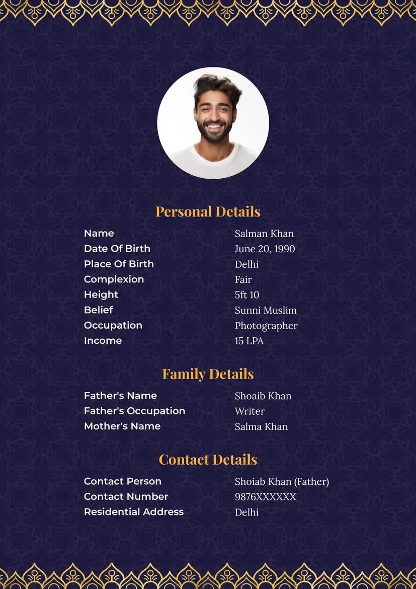 Muslim marriage biodata format with royal blue and gold floral border, elegant bio data for marriage.