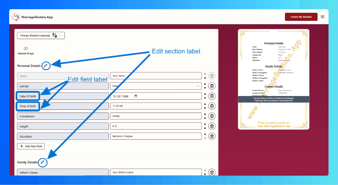 how to change section headings in biodata