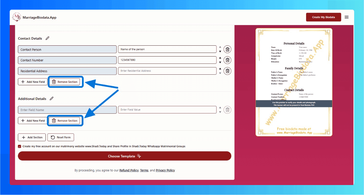 how to remove sections in biodata