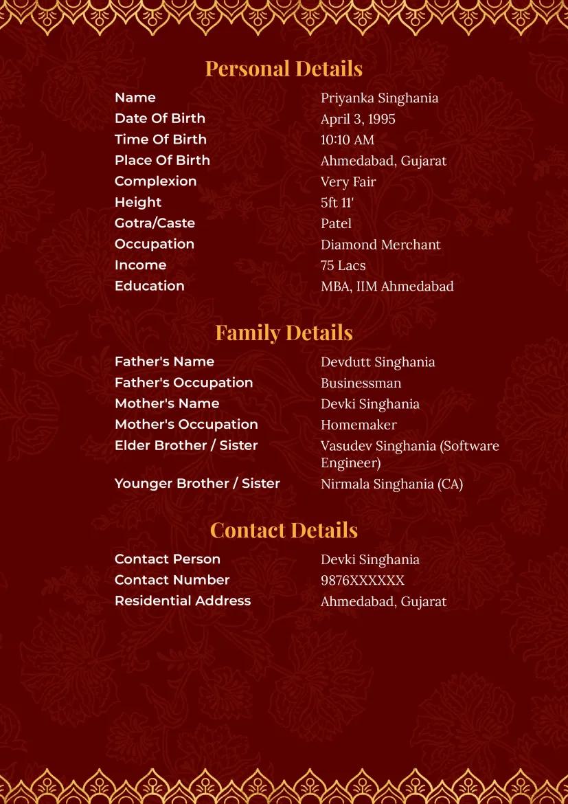 Indian marriage biodata template with Ganesh design in maroon and gold, simple biodata for marriage.