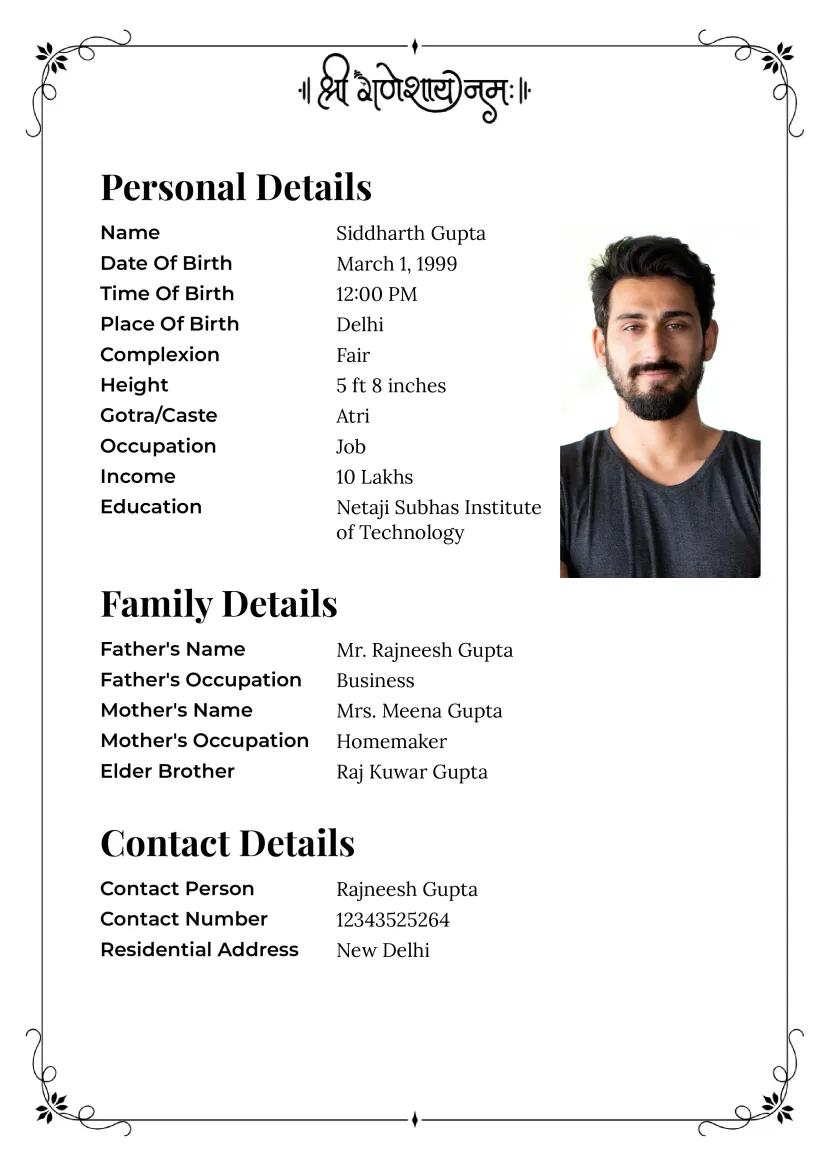 Simple Ganesh mantra marriage biodata template in black and white with clean layout.