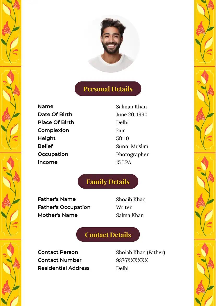 Single-page Muslim marriage biodata format with yellow floral border, suitable biodata for marriage profiles.