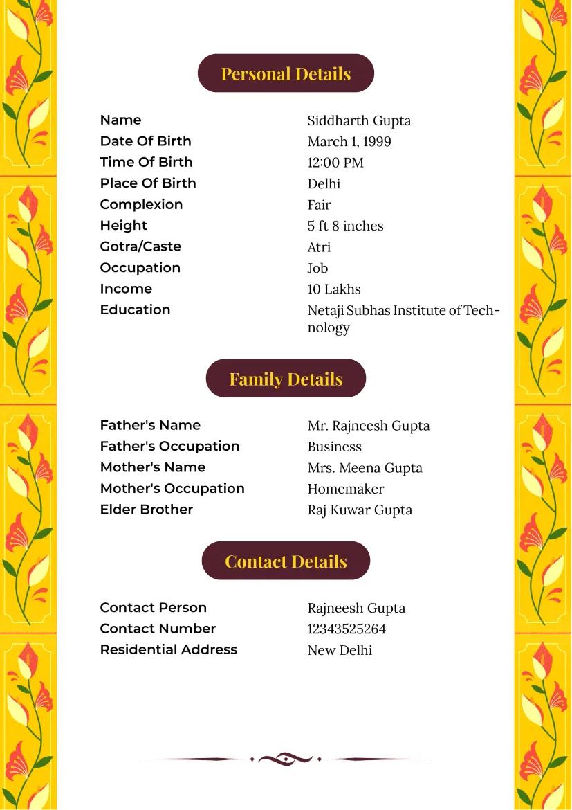 Elegant Indian yellow floral marriage biodata format with Ganesh design for boys.