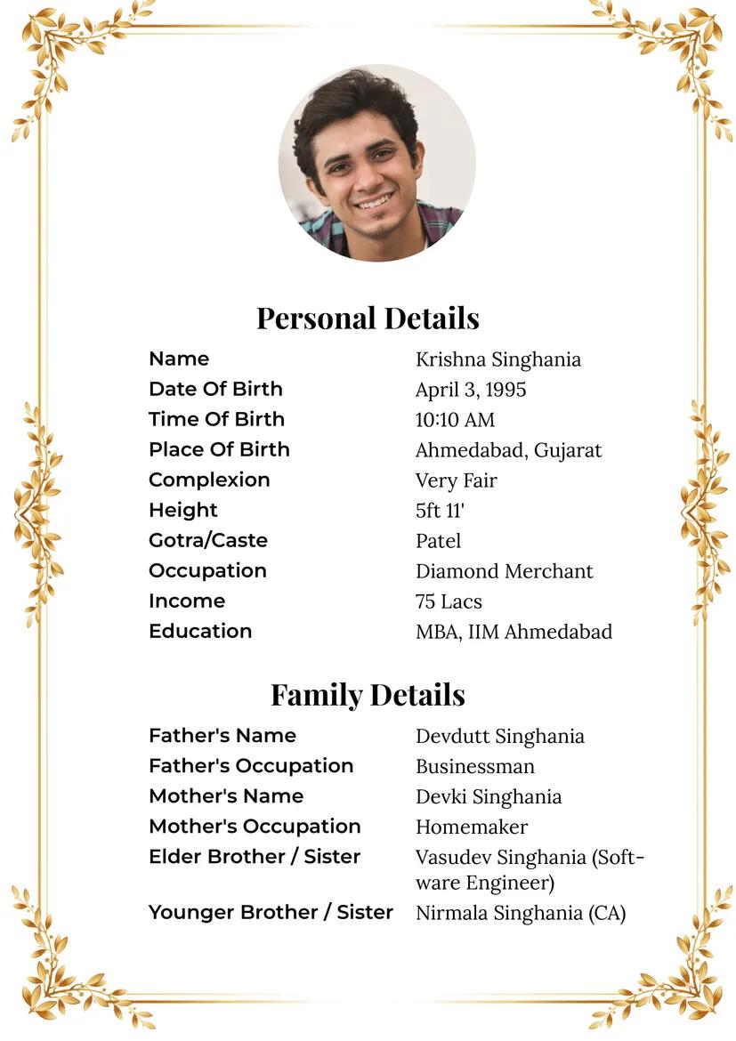 Minimalist gold wheat leaf marriage biodata format for boys with elegant border design.