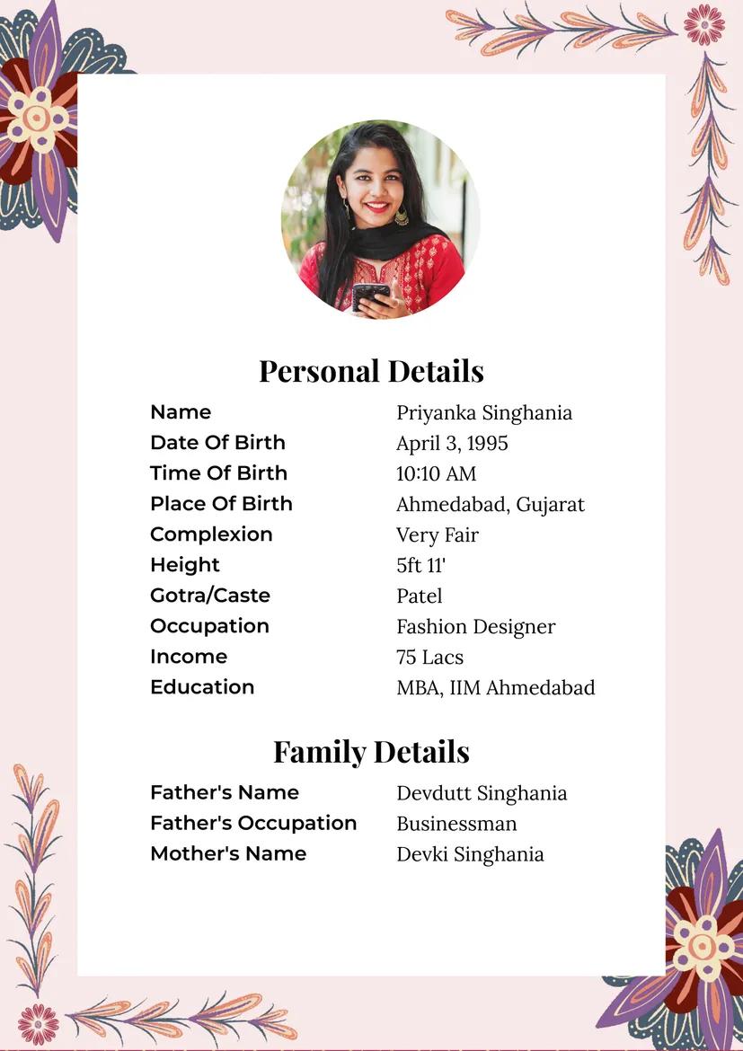 Modern pink floral marriage biodata format for girls with stylish border design, ideal biodata for marriage.