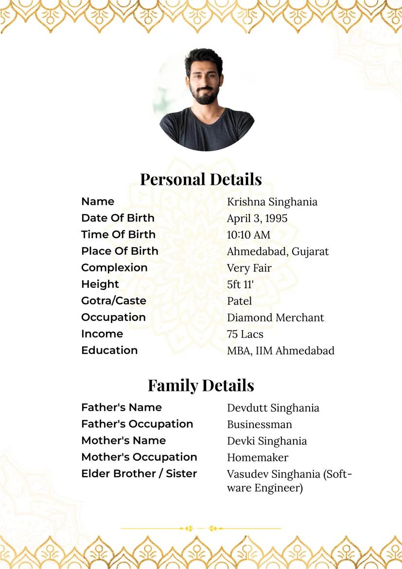 Royal gold leaf marriage biodata format with regal design, a premium biodata template for marriage.