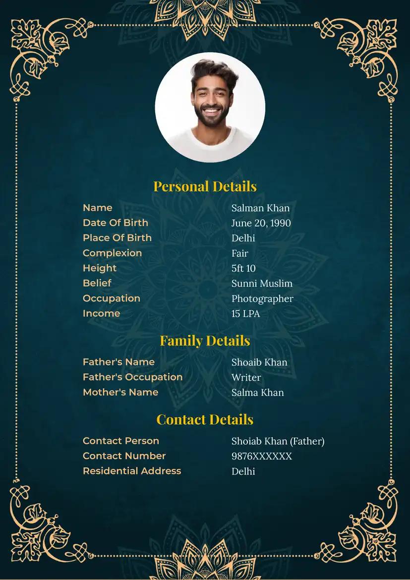 Islamic royal green and gold floral Muslim marriage biodata format for boys and girls.