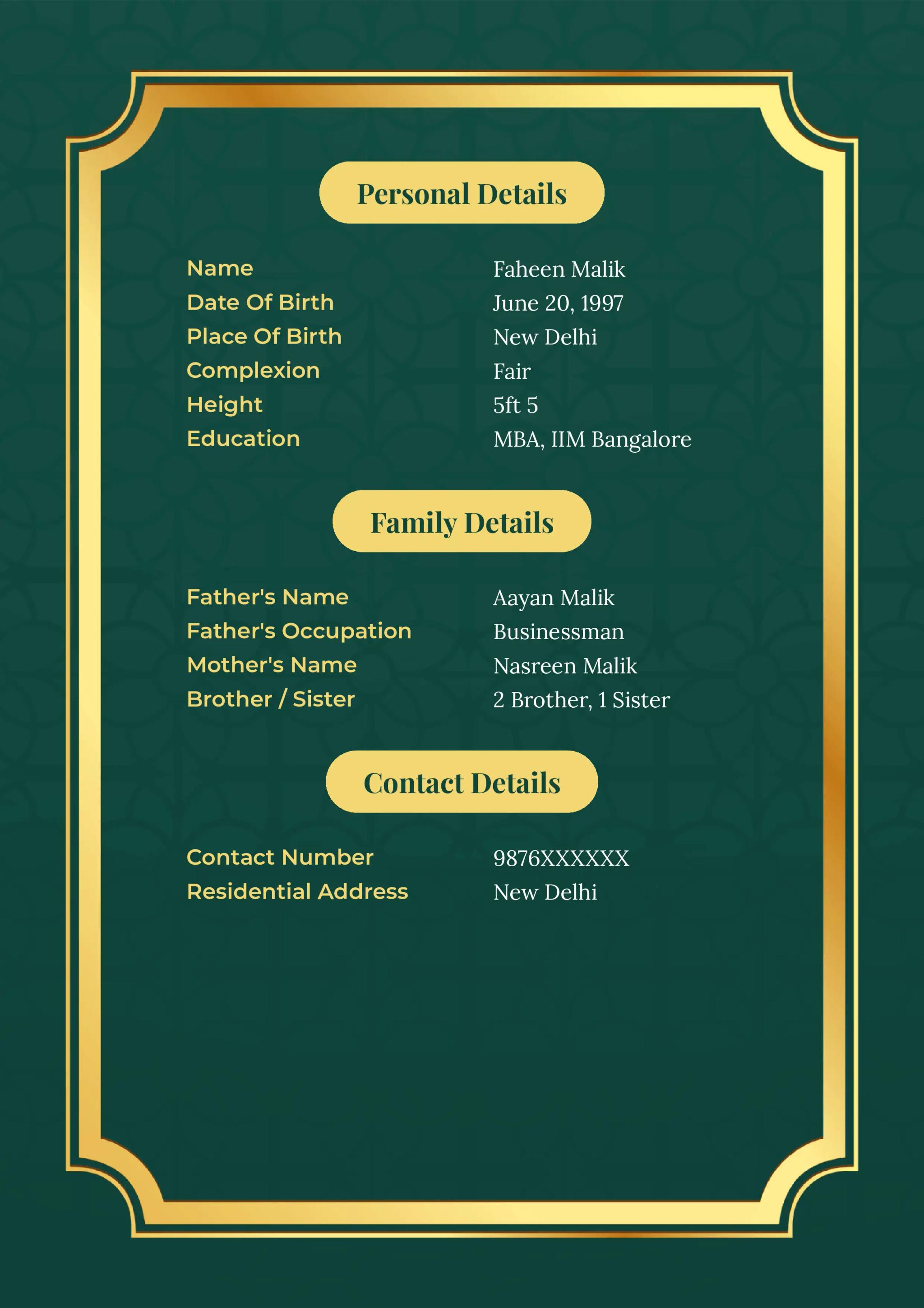 Two-page green and gold marriage biodata format with Islamic-inspired design, a professional biodata for marriage.