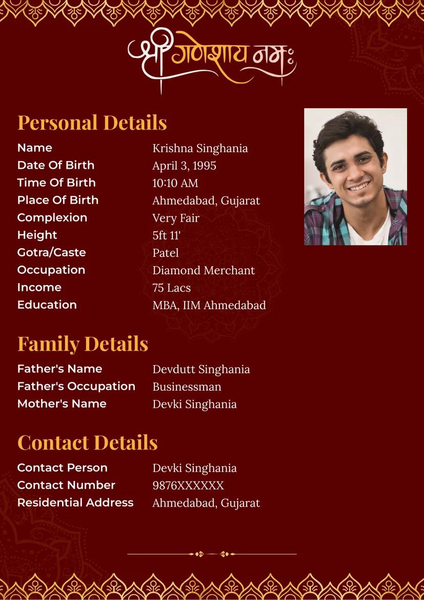 Elegant Hindu marriage biodata format with decorative royal leaf border and Lord Ganesh design, perfect biodata for marriage.